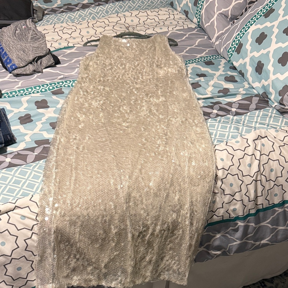 Alex Marie Silver Sequin Party Midi Dress